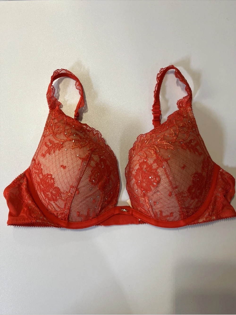 Victoria's Secret Red Lace Embroidered Underwire Push Up Bra with Rhinestones
